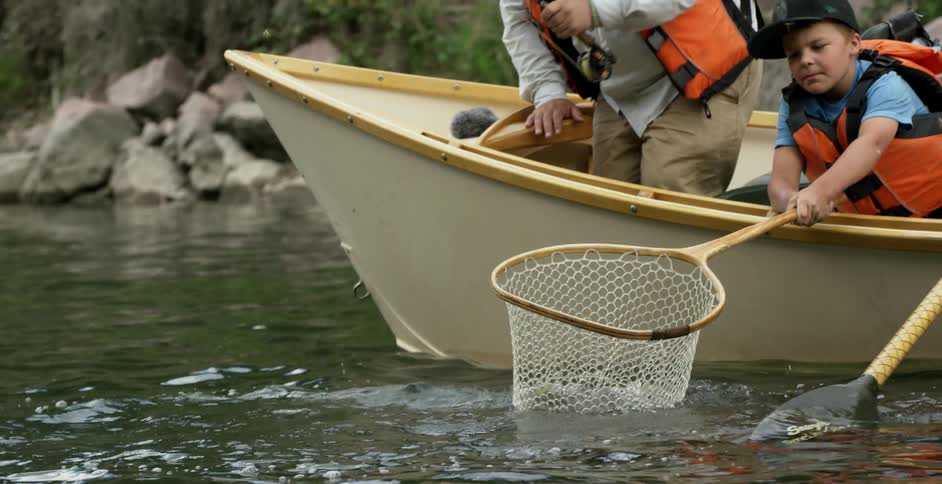 A boy uses a net to pull in a fish as his father congratulates him