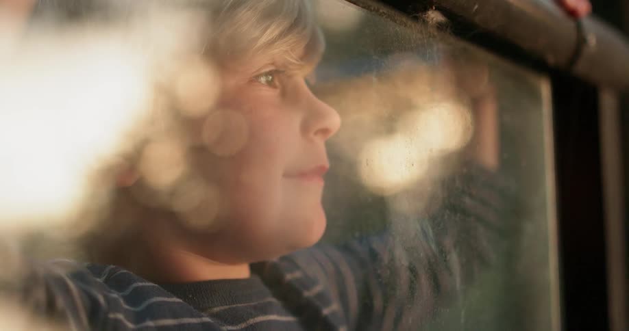 A young boy looks out of a window