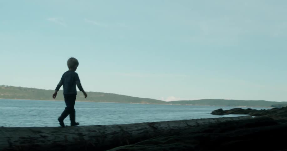 A young boy walks across a fallen tree