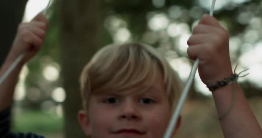 A boy swings from a tree swing