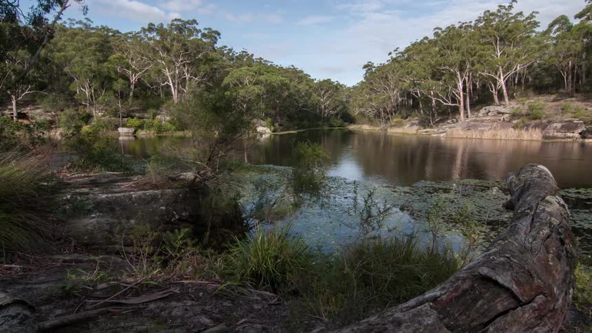 Secluded lake with canoes passing by