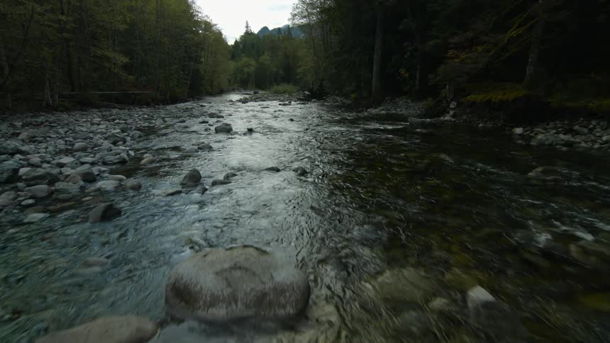 A drone is flying over a small stream