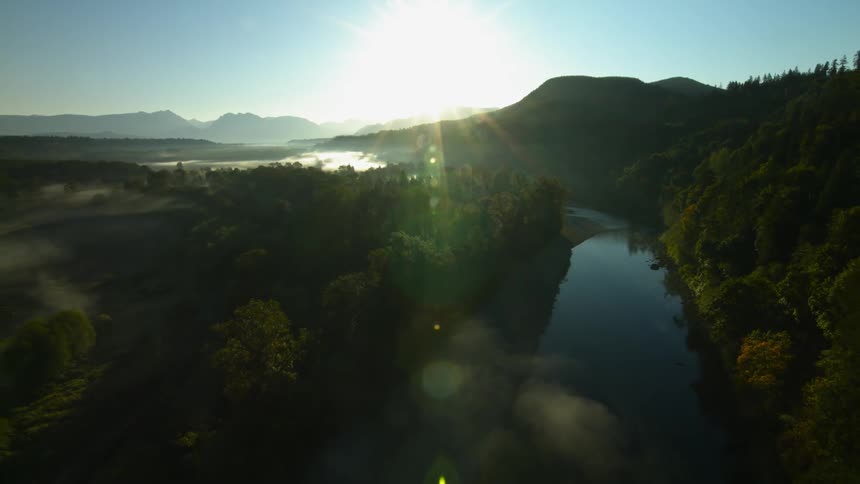 A drone is filming a small river