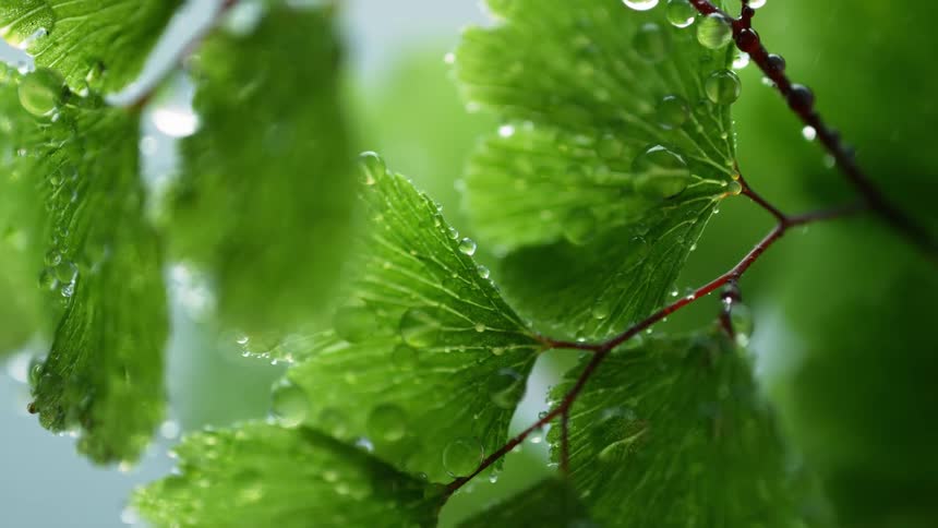 Leaves with water drops on them are being filmed close up