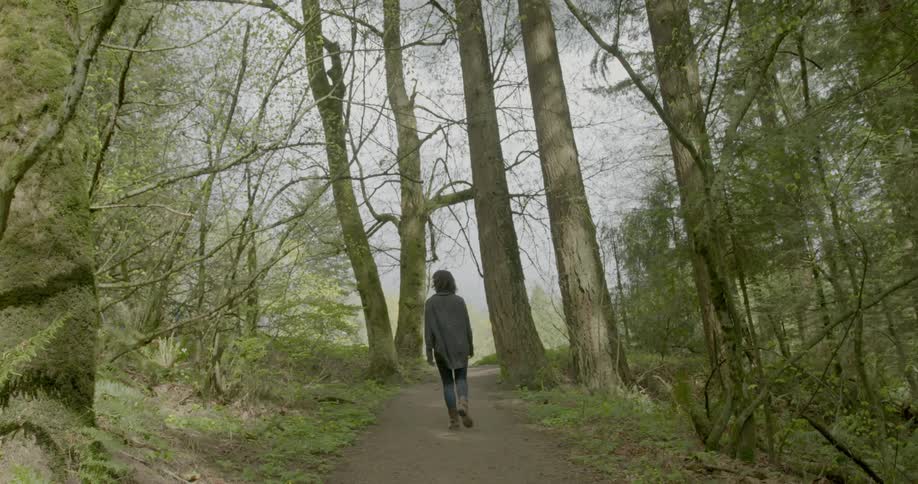 A woman walks down a path in a forest