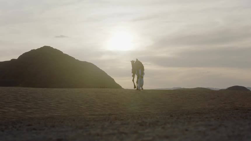 A man walks in the desert leading a camel