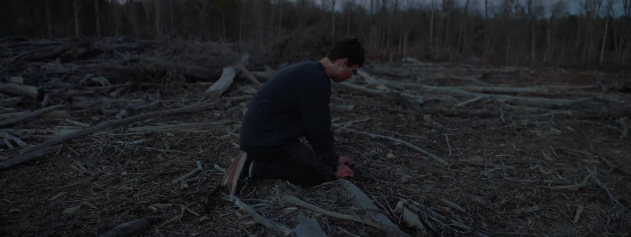 A teenage boy is kneeling on the ground in a barren forest