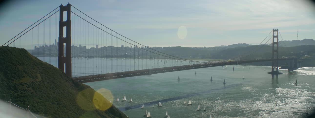 Sailboats sail below the golden gate bridge