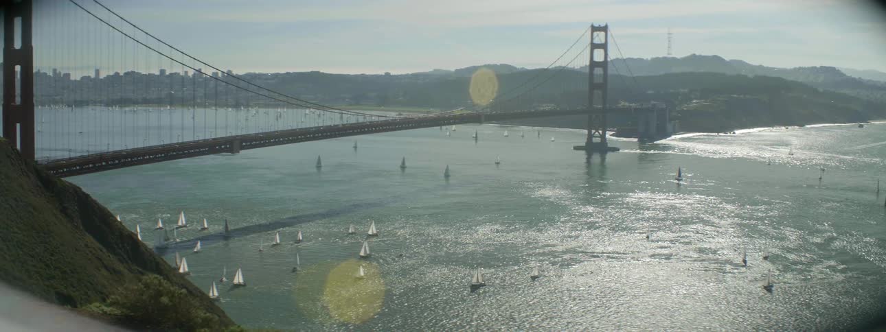 Sailboats float in the water under a bridge