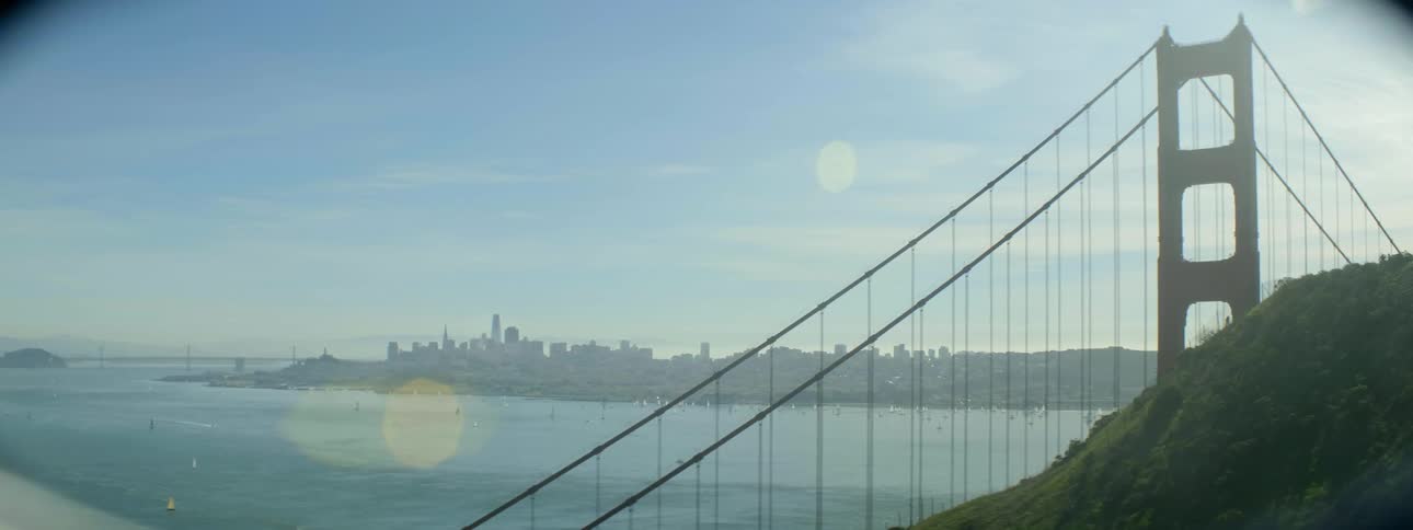 A city skyline is in the background and a bridge is in the foreground