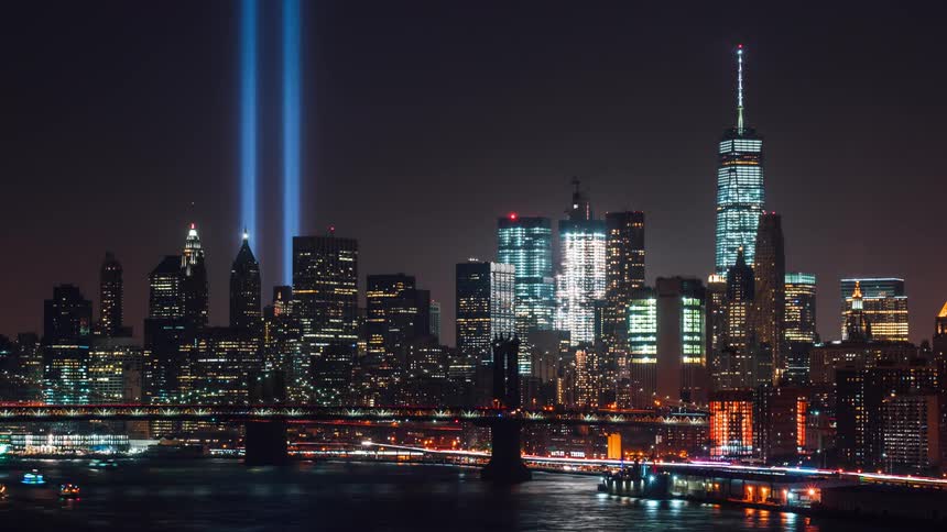 View of a city lit up at night