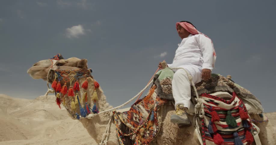 A man is riding a camel in the desert
