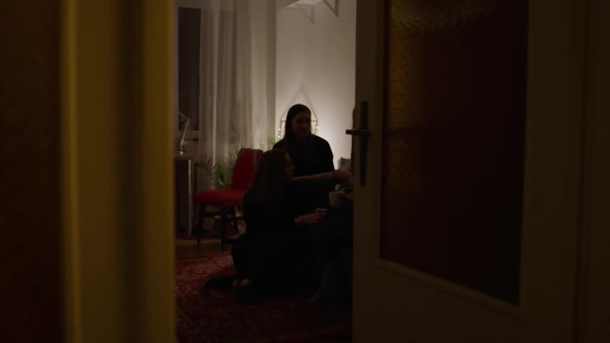 Girlfriends sit in an apartment talking