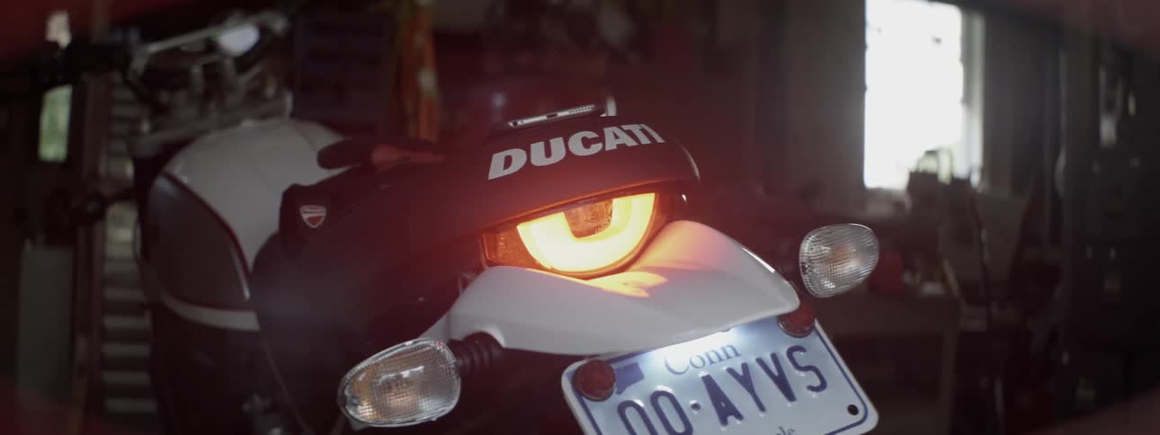 A motorcycle in a workshop