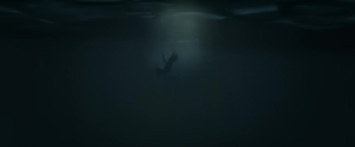 Person suspended underwater with dim light overhead