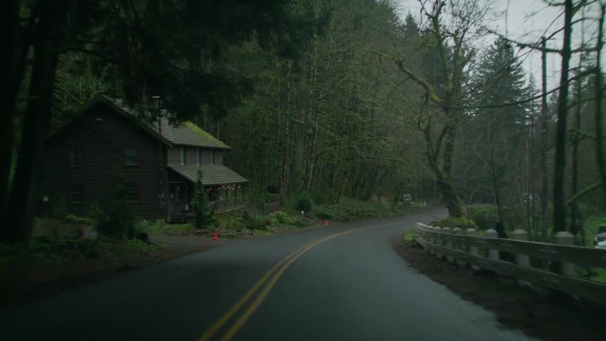 Winding country road passing by a house and many trees