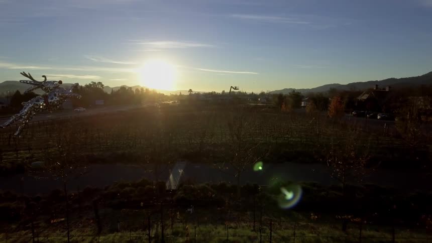 The green fields have the sun setting ahead