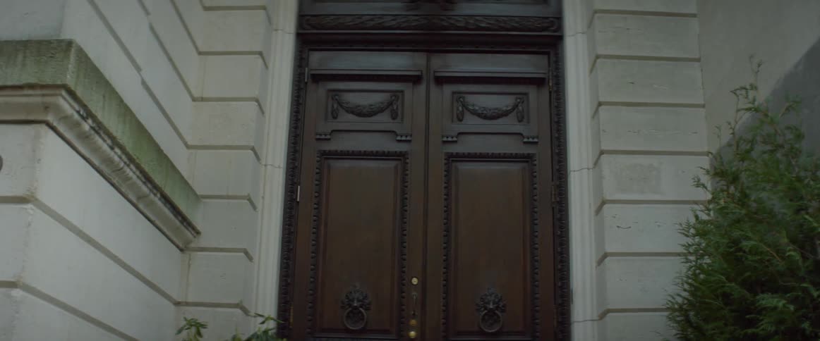 Potted plants sit on a porch in front of a set of wooden doors