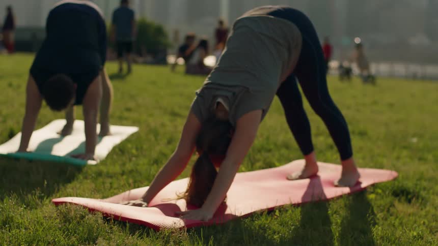 People do yoga on mats in the grass of a park
