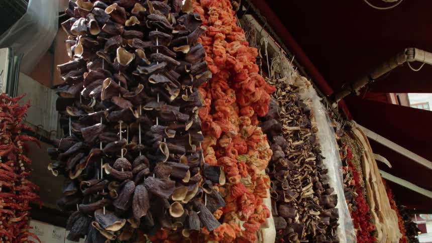 A shop displays its goods on strings