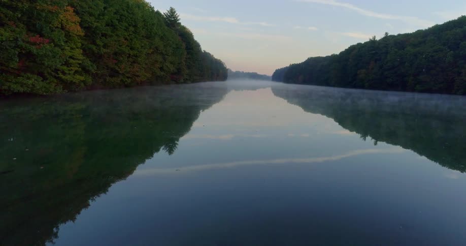 A calm river flows through a forest