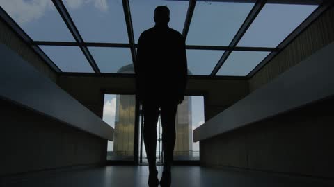 A person is standing under a glass roof looking through it