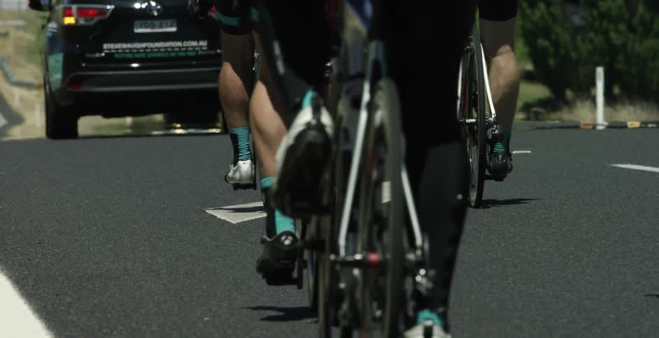 Bicyclists ride on a paved road