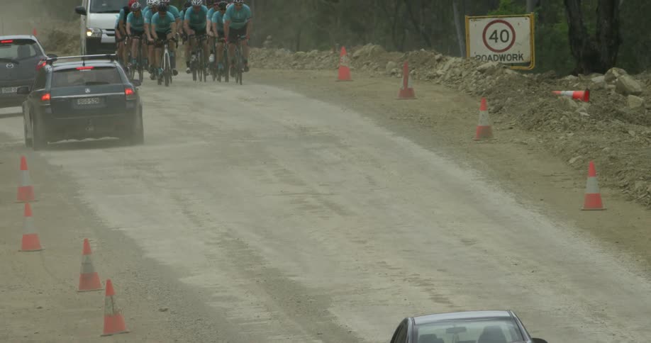 A group of cyclists on a dusty road