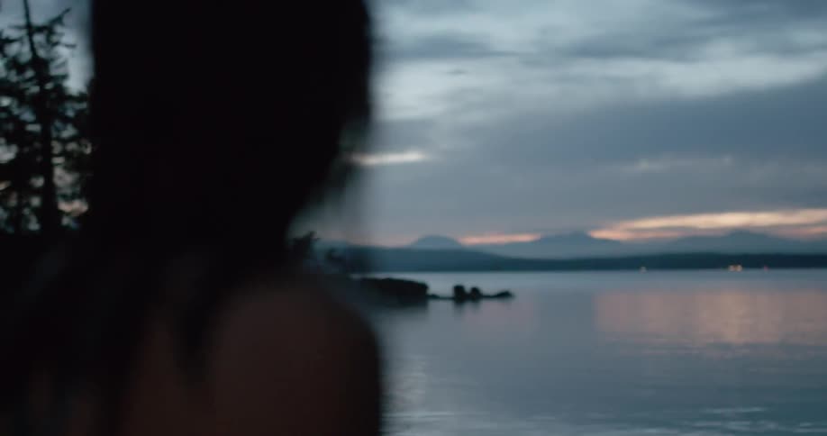 A woman stands by a lake at dusk