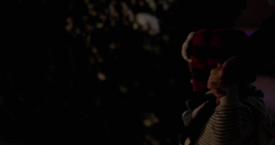 A man walks with a child near christmas lights