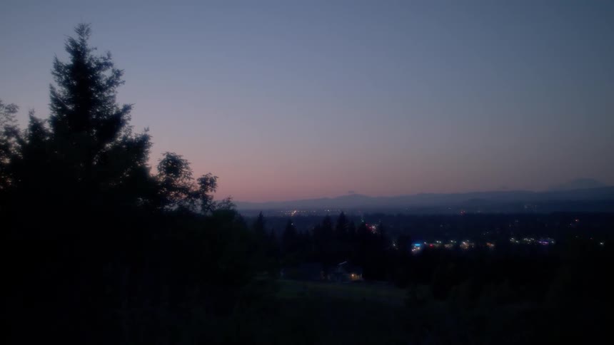 City lights illuminate the sky below a tree covered hill