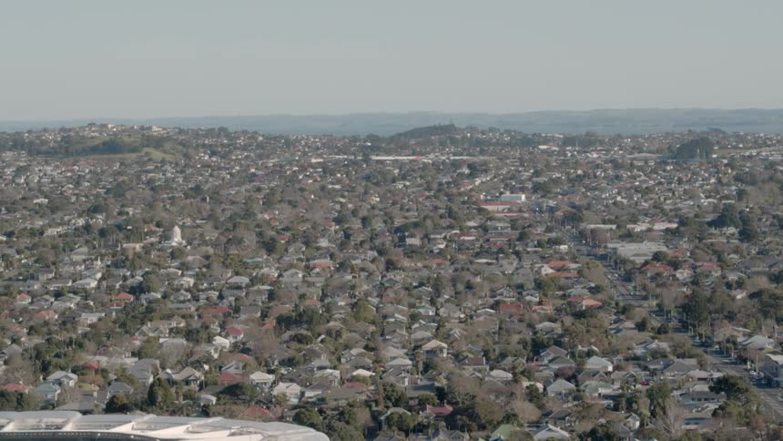 Houses cover the ground in a neighborhood