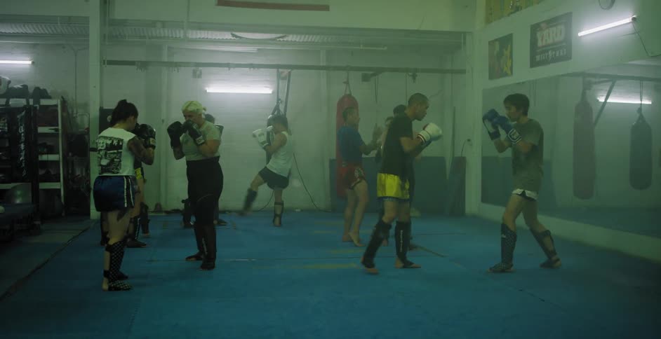 A group of people box and spar in a gym