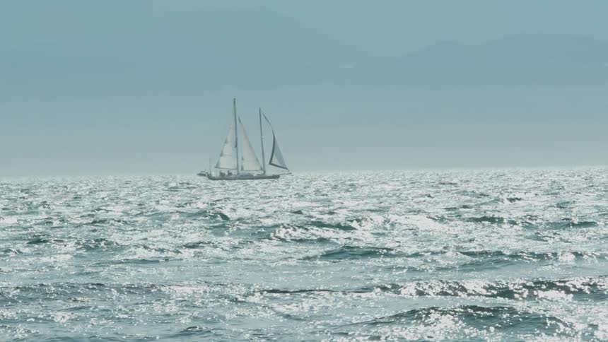 Sailboat floats on the ocean