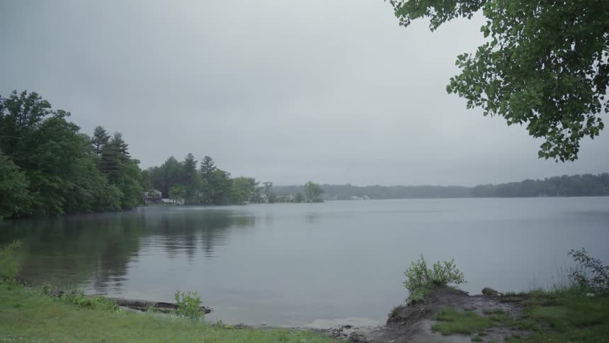 A calm lake on a cloudy day