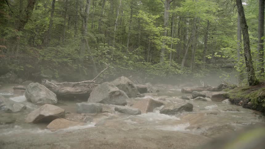 Mist hangs in the air above a fast flowing stream