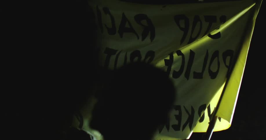 A person is holding a flag at a rally