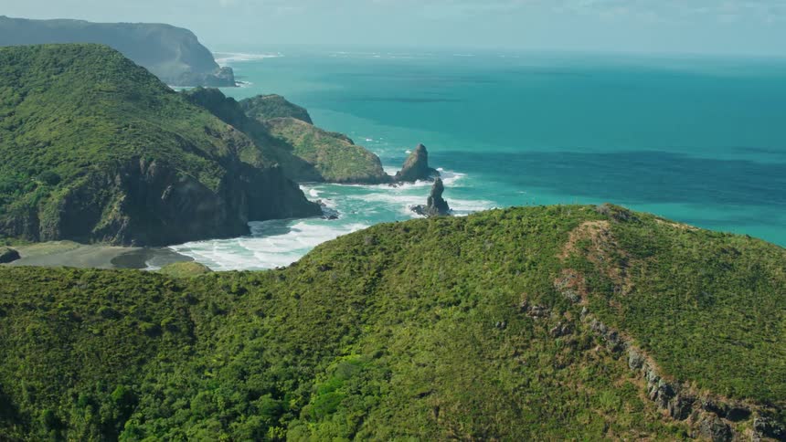 Dense jungle covers the mountains reaching down to a beach