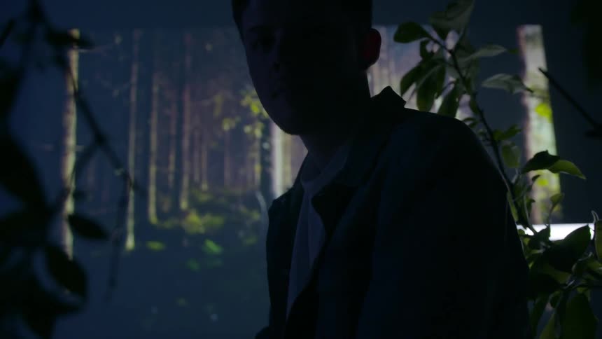 A boy sits in a room with plants and a nature scene projected on the wall