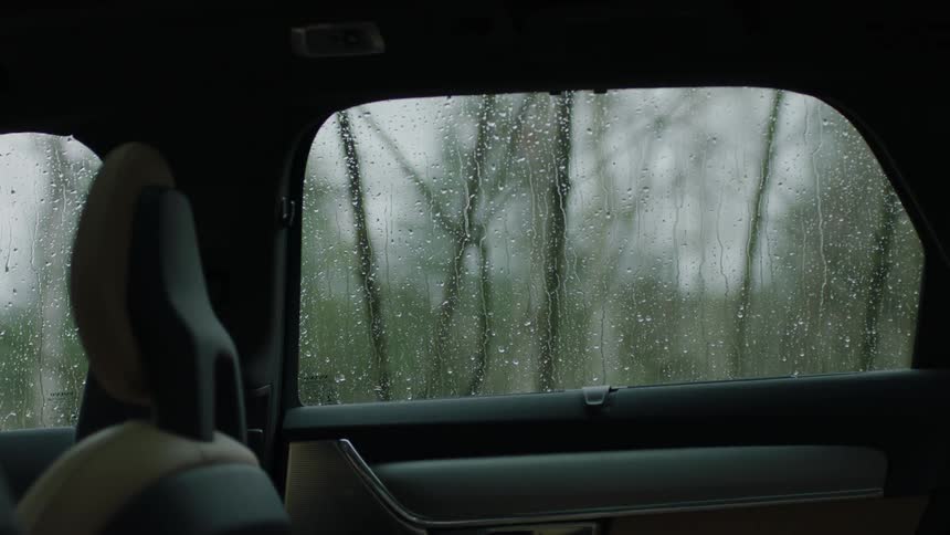 Rain drips down a car window