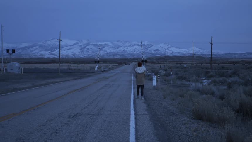 A person walks on a rural road at dusk
