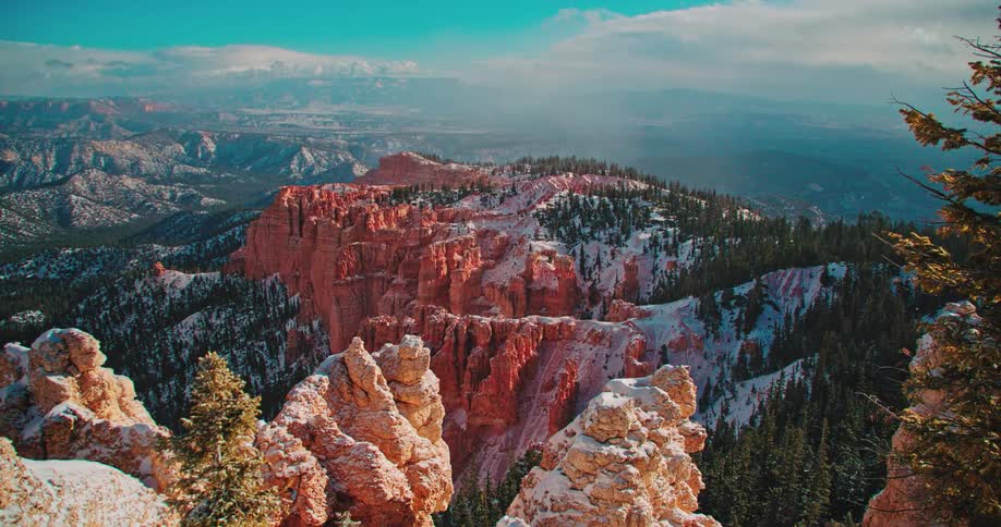 Snow covers the mountain landscape