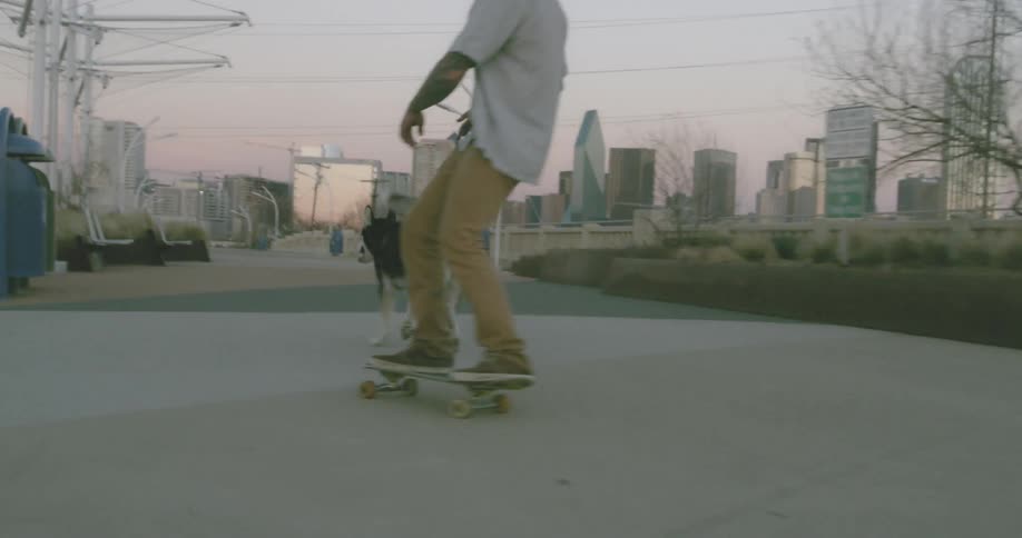 A man rides a skateboard while leading a dog