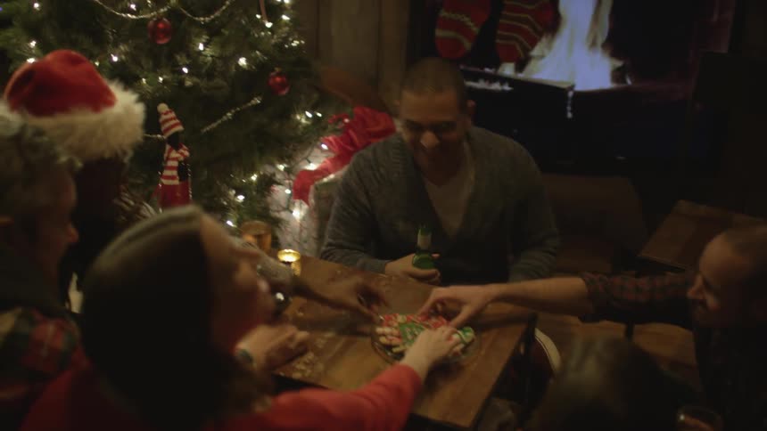A group of family and friends are seated in a den during christmas and a woman delivers a plate of decorated cookies