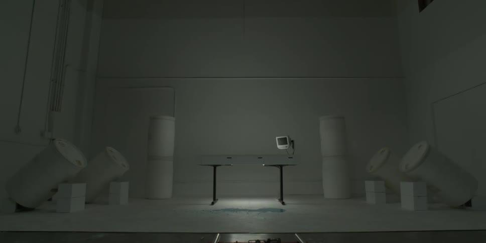 A table with an attached monitor stands in the center of a white room