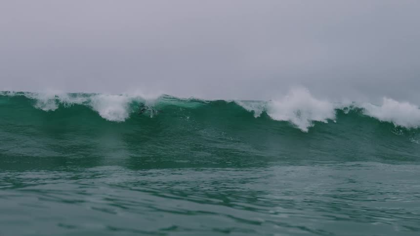 Surfers ride out through a cresting wave