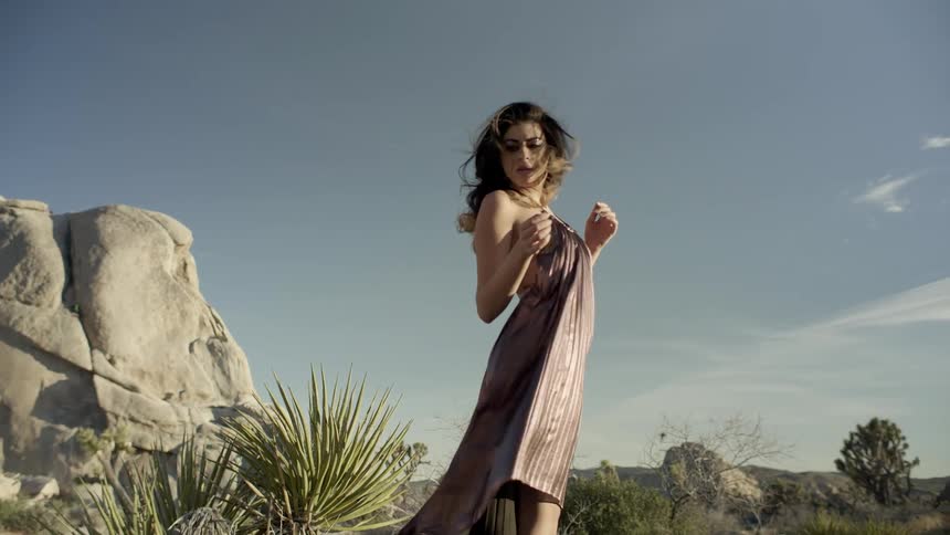 A woman's dress blows in the breeze as she stands in a desert
