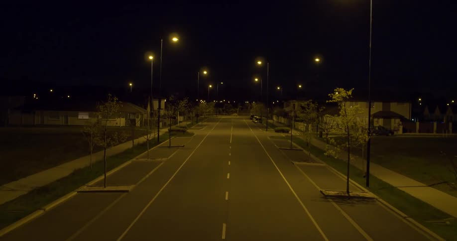 Lamp posts illuminate the road at night