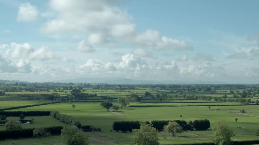 A large meadow of land is filmed by a drone