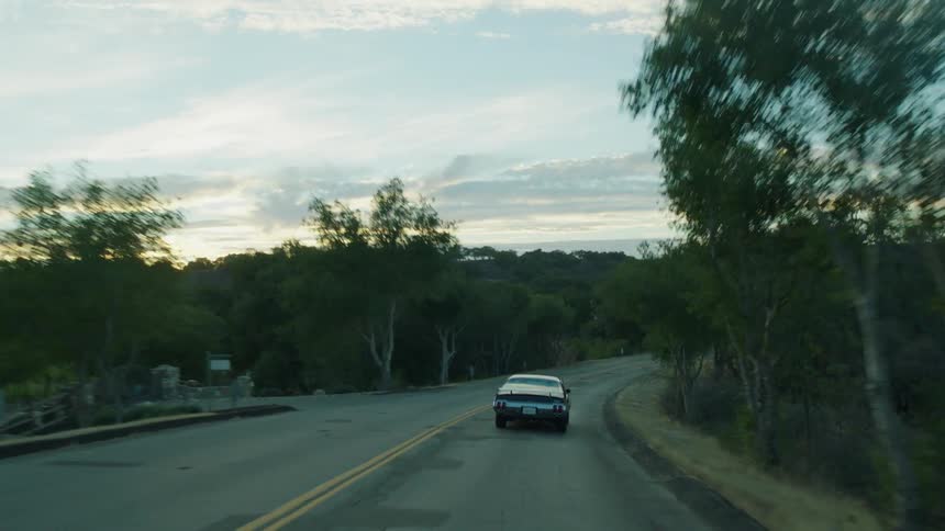 A hot rod travels down a tree lined road